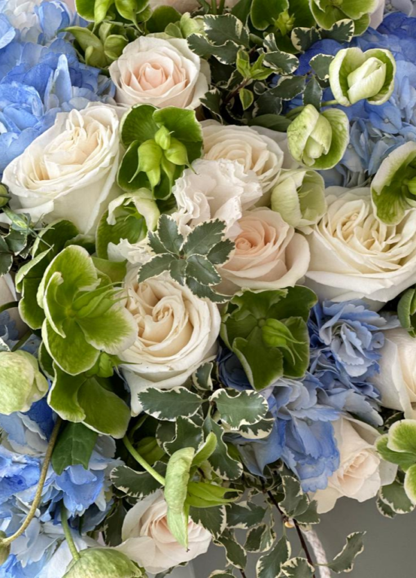 Blue hydrangea, hellebores, ivory roses and other fillers in a bag box.