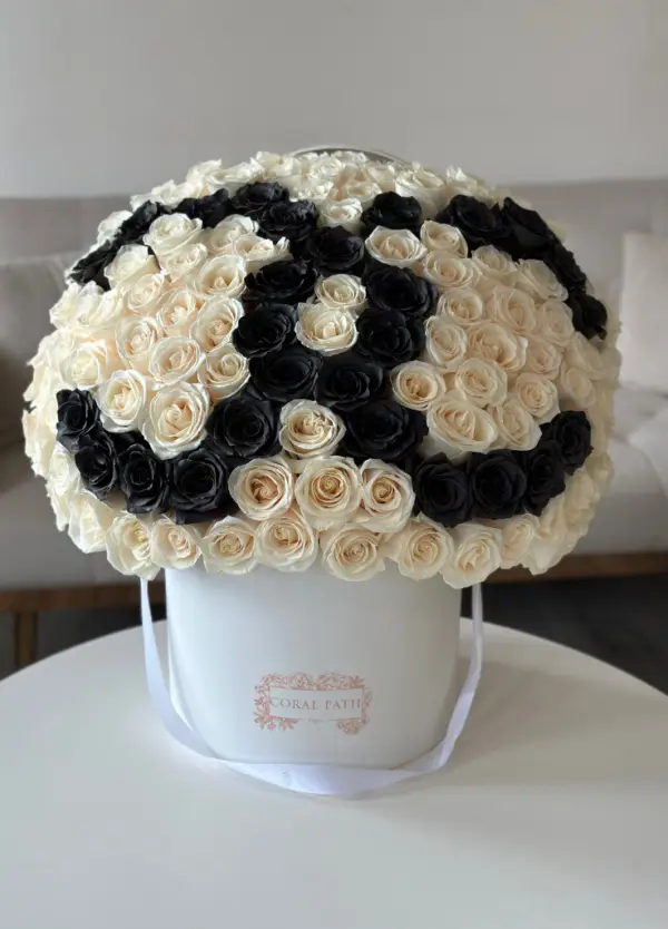 Chanel logo roses in a hat box.