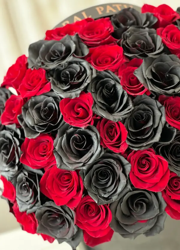 Red and black rose bouquet close up