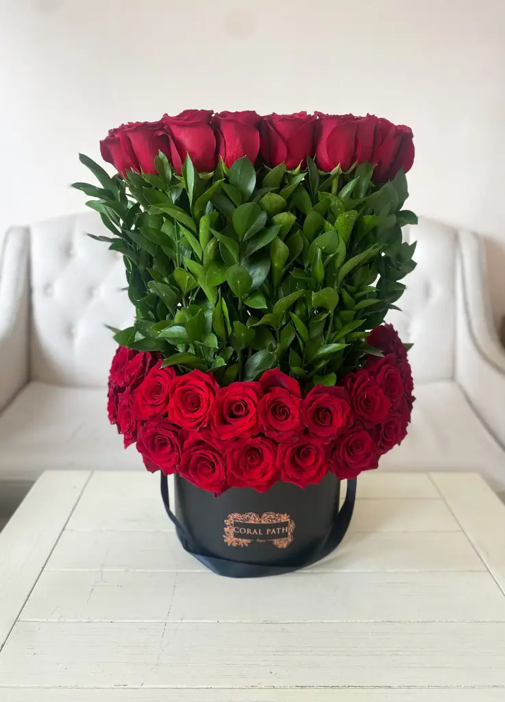 Tall red roses arranged in a hat box.