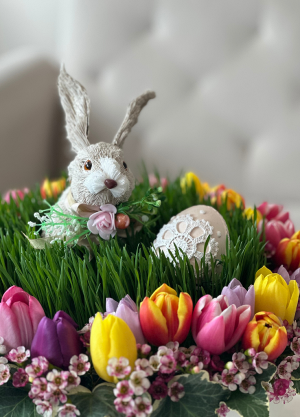 easter flowers with a bunny and wheatgrass