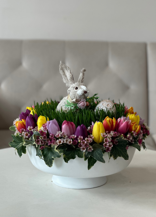 easter flowers with a bunny and wheatgrass