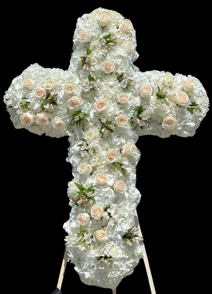 standing cross wreath with hydrangea and roses