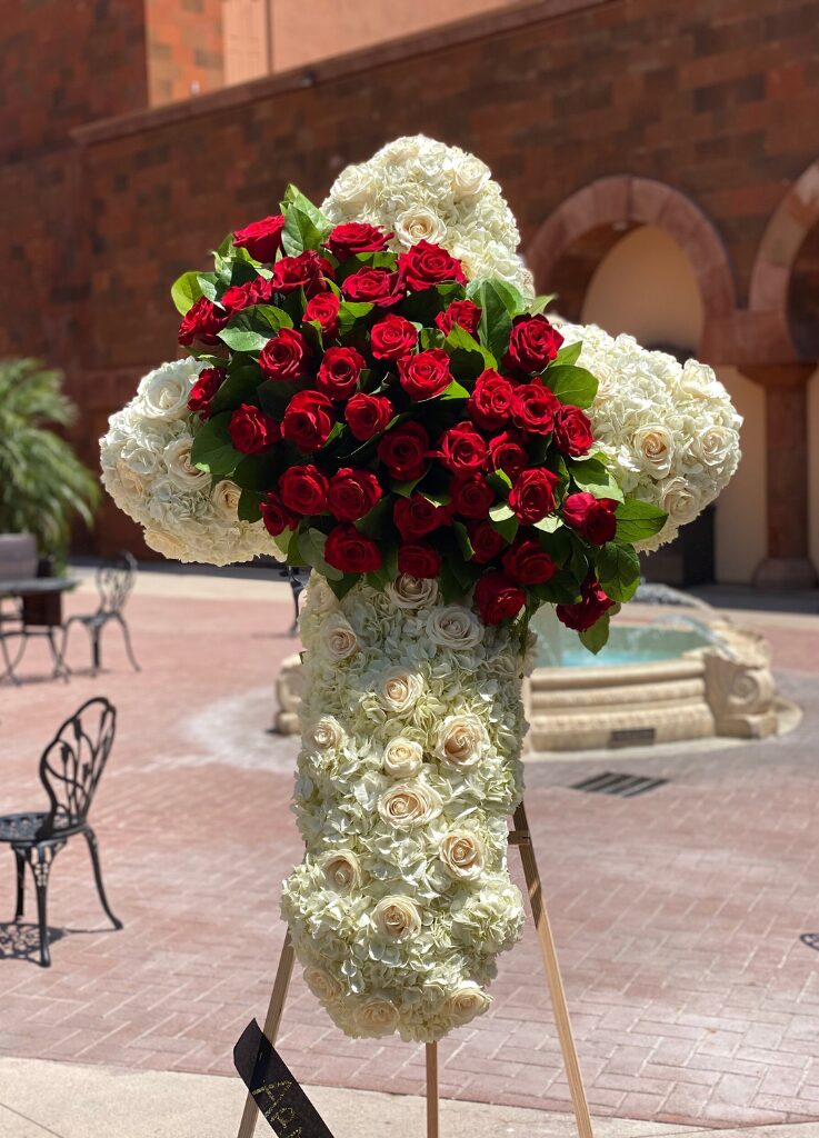 Standing Cross Wreath with roses in the center