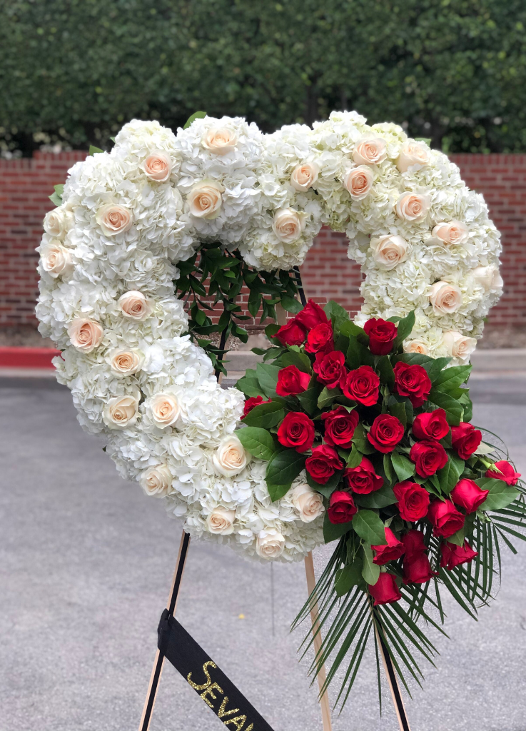 standing heart sympathy wreath with roses on the side