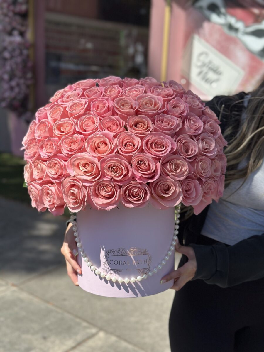Coral Rose Hat Box - flower hat box arrangement from Coral Path Designs with Los Angeles flower delivery