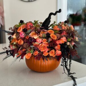 Pumpkin Spook Halloween flower arrangement by Coral Path Designs, Los Angeles.