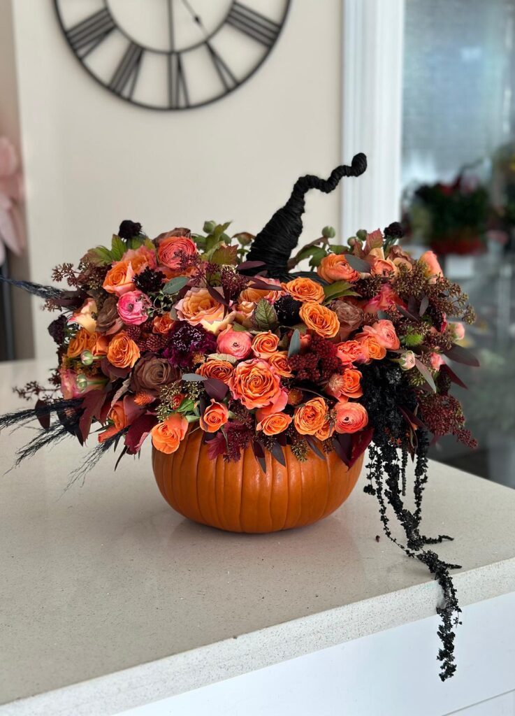 Pumpkin Spook Halloween flower arrangement by Coral Path Designs, Los Angeles.