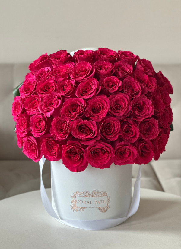 hot pink roses in a hat box