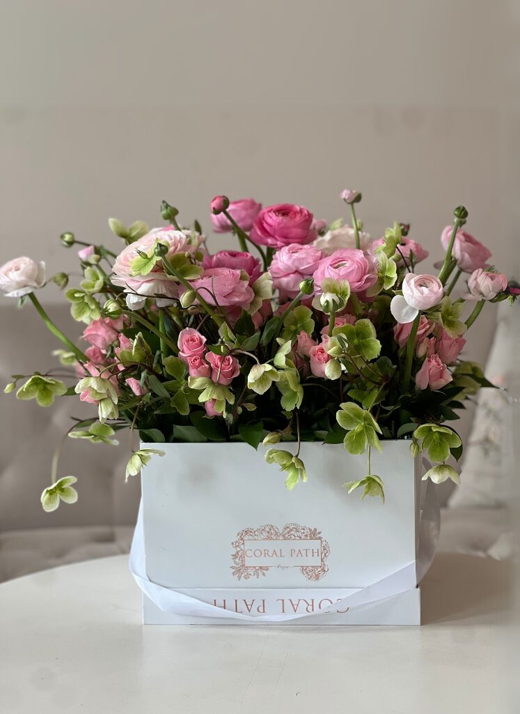 ranunculus arrangement in a box