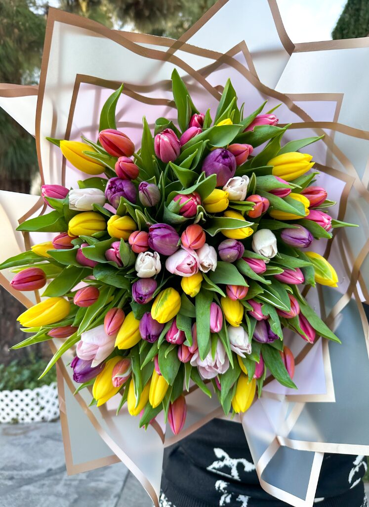bouquet of about 80 assorted tulips