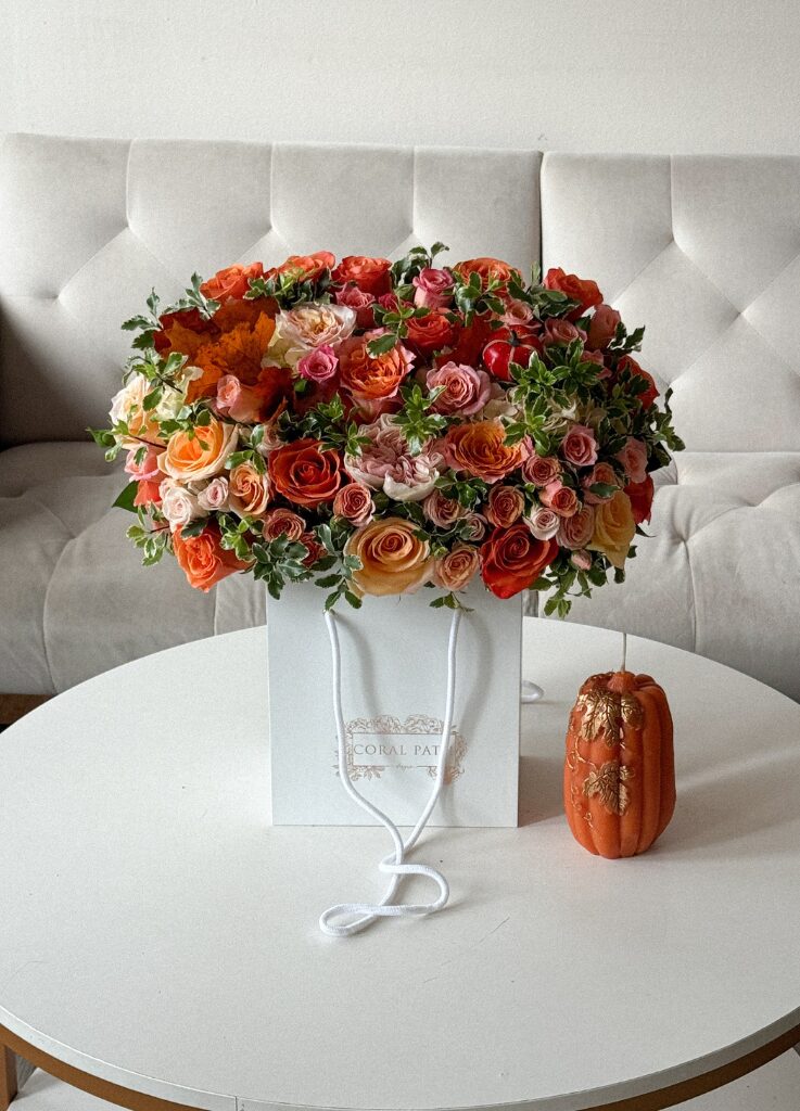 Windsor Bag - fall flower bag box arrangement by Coral Path Designs, Burbank flower shop