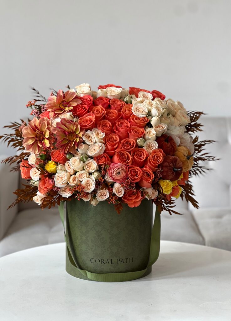 Woodstock Harvest - fall flower hat box arrangement from Coral Path Designs with Los Angeles flower delivery