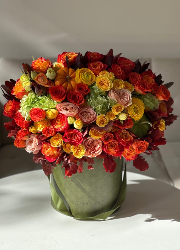 Autumn Meadow - fall flower hat box arrangement by Coral Path Designs, Burbank flower shop