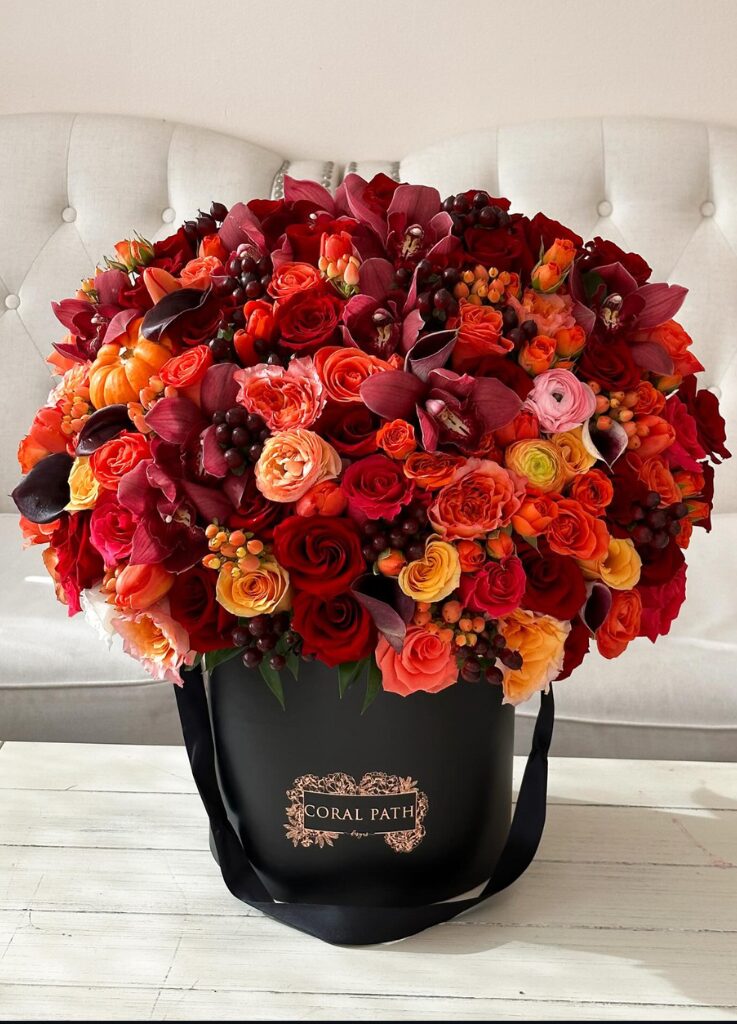 Amber Glow - fall flower hat box arrangement by Coral Path Designs, Burbank flower shop