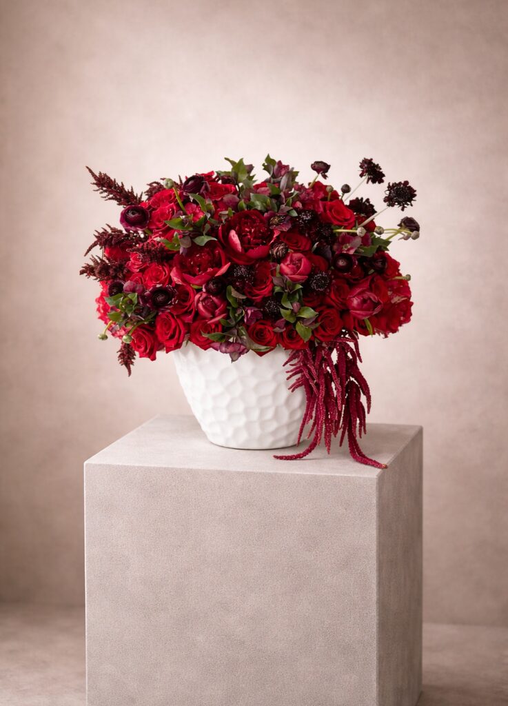 Crimson Royale - flower vase arrangement by Coral Path Designs, Los Angeles florist