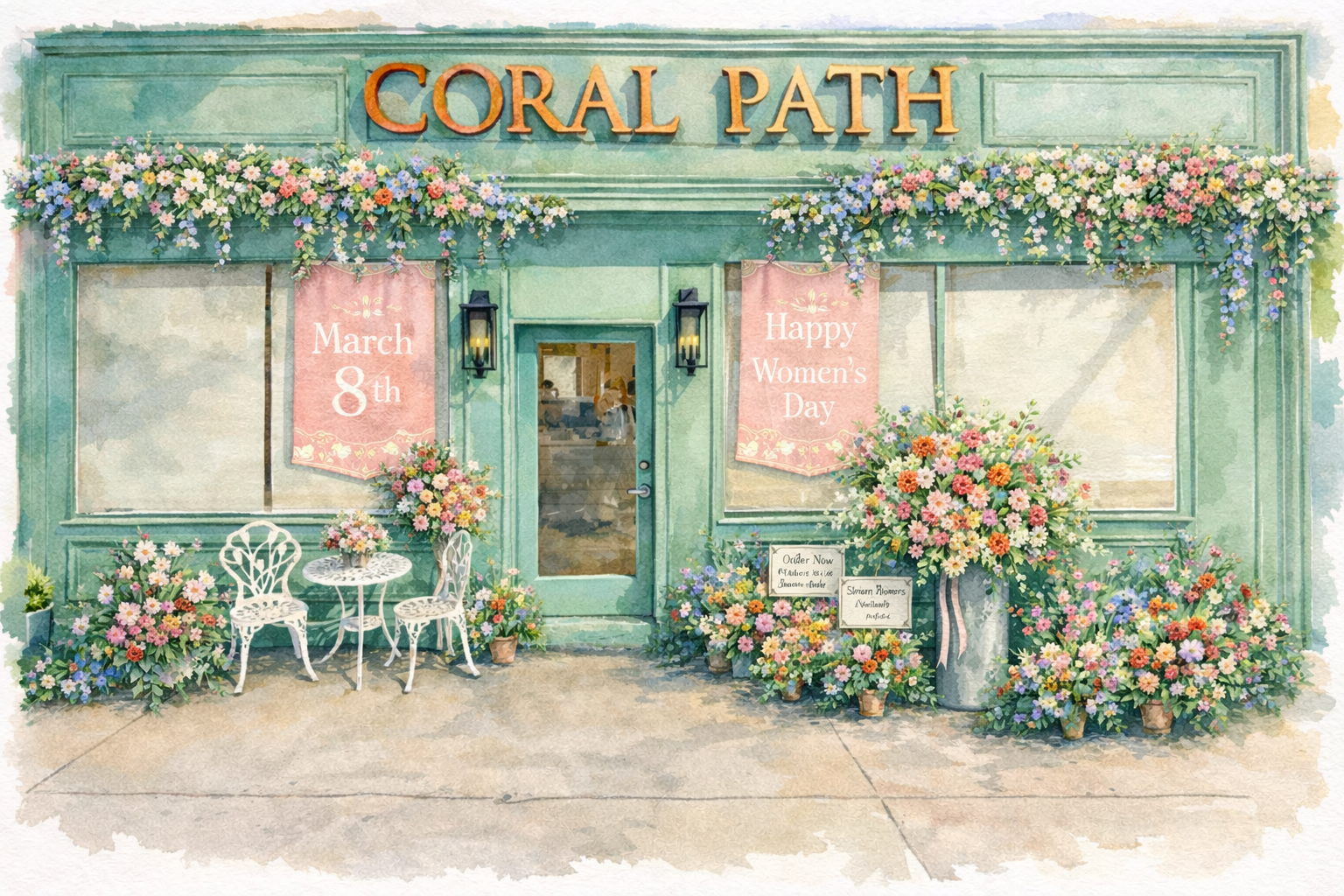 Floral storefront inviting to preorder for March 8th.