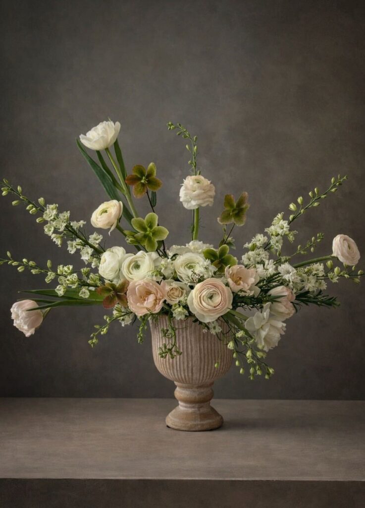 fleurina style florals, in a pedestal vase with garden roses and ranunculus