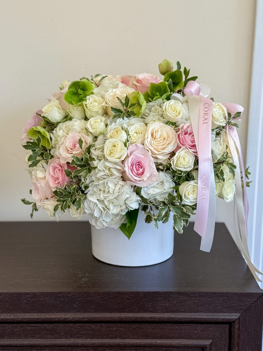 White and Pink Elegance Vase - blush and white roses with hydrangea in a white ceramic vase by Coral Path Designs, Los Angeles florist